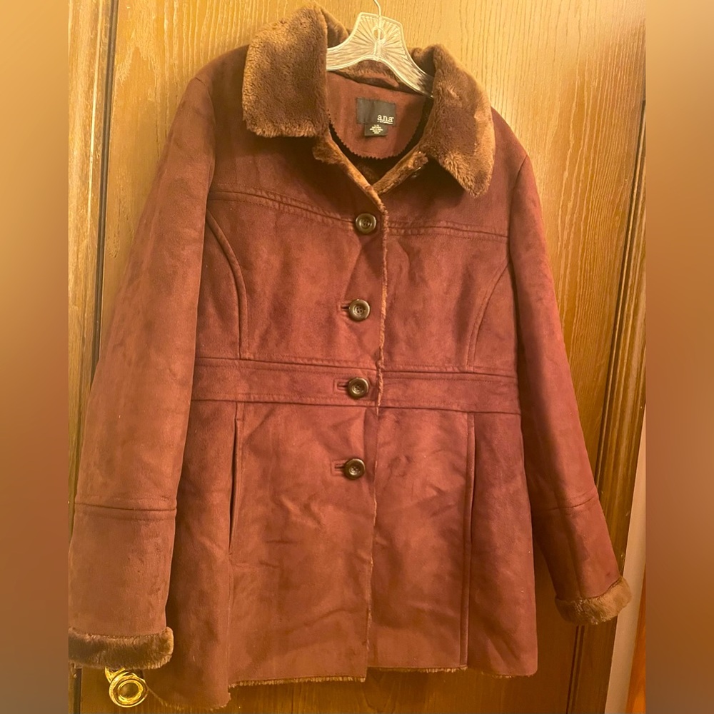 A.N.A. Women's Dark Brown Suede Faux Shearling Fur Mid Weight Winter Coat Sz L
